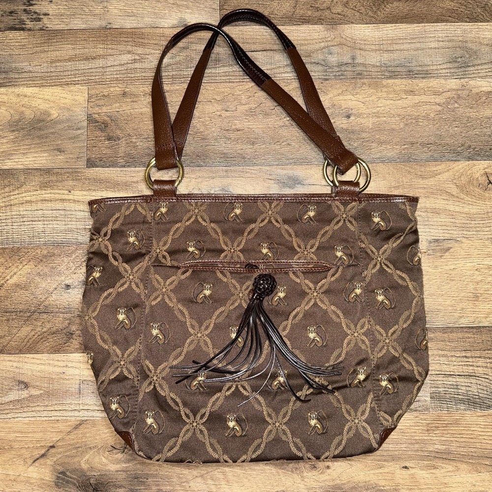 Tommy Bahama Shoulder Handbag Monkey Fabric Pattern‎ Leather Trim